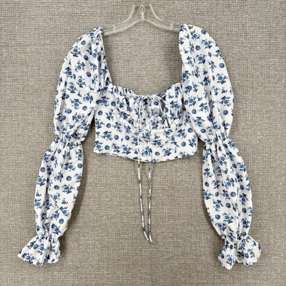 Y2K Cottage Milkmaid Top Womens M White Cropped Puff Sleeve Floral Cottage Boho